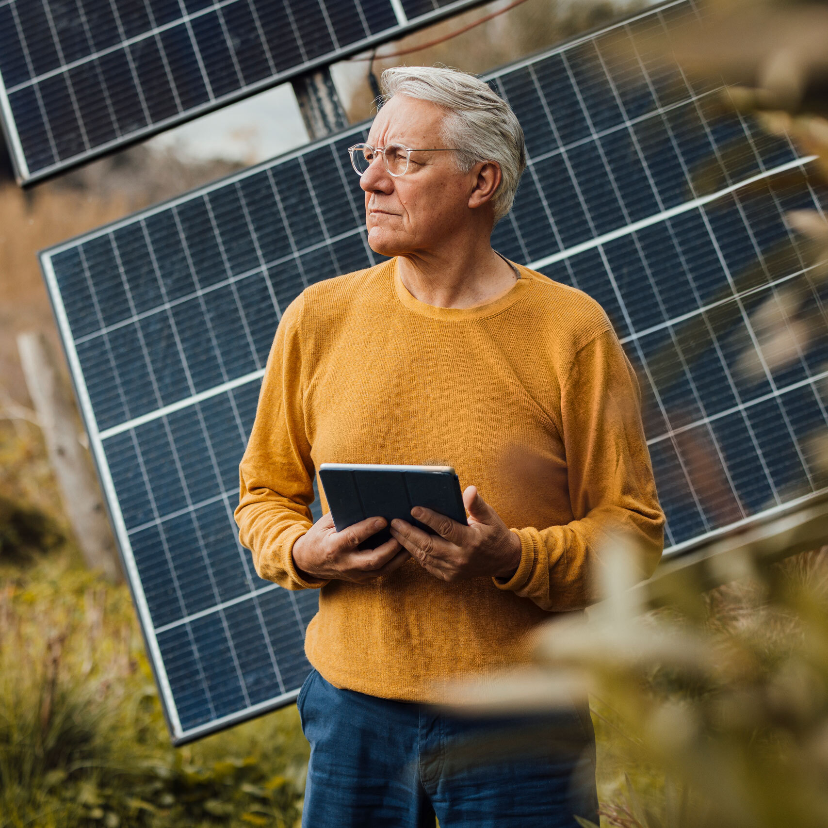 Ein älterer Mann steht im Grünen und schaut in die Ferne, hinter ihm ist ein Solarpanel